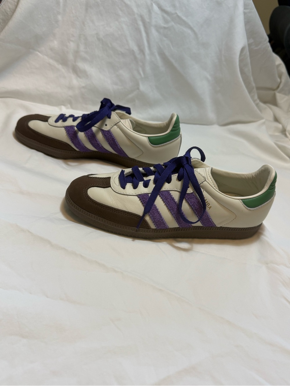 Adidas Samba OG Cream Sneakers with Purple Stripes and Green Heel Women’s Size 8